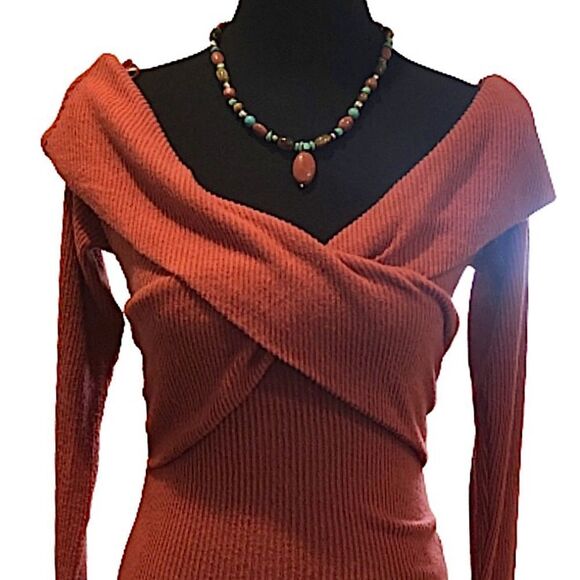 FREE PEOPLE Marley Off The Shoulder Cross Over Long Sleeve Ribbed Knit Sz Small - Picture 13 of 13